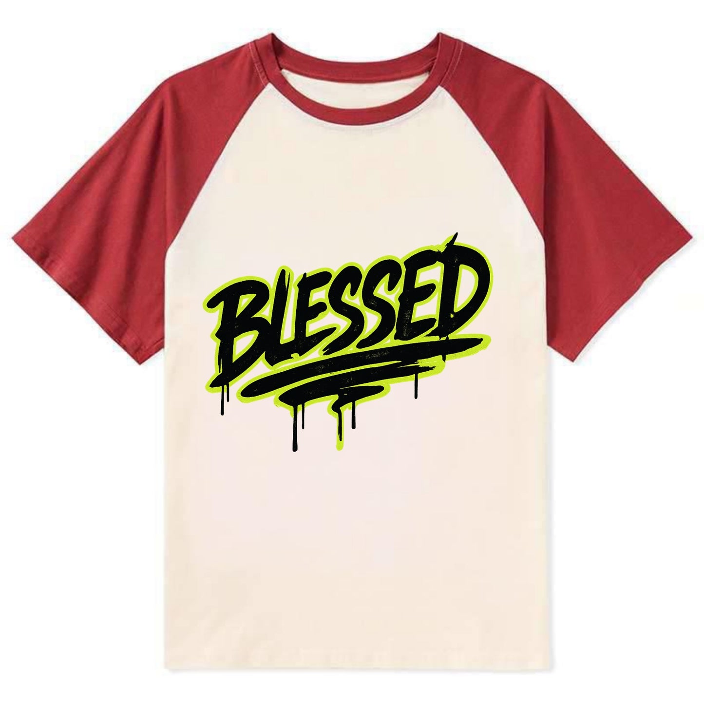 Bold typography design - "BLESSED" - recognizing good fortune, abundance - Contrast Raglan T-shirt - Red