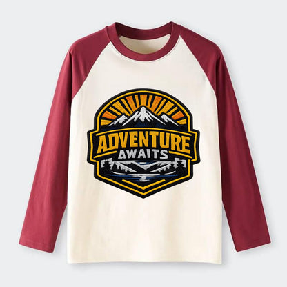 ADVENTURE AWAITS - mountain sunrise with text in gold and blue , - Raglan Long Sleeve T-Shirt - Red