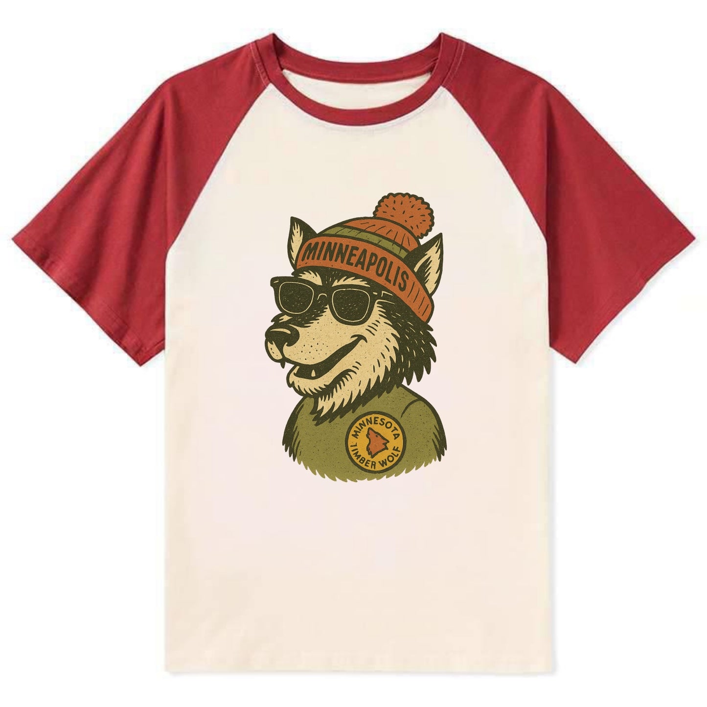 Minnesota Timber Wolf wearing Minneapolis beanie with pom pom and - Contrast Raglan T-shirt - Red