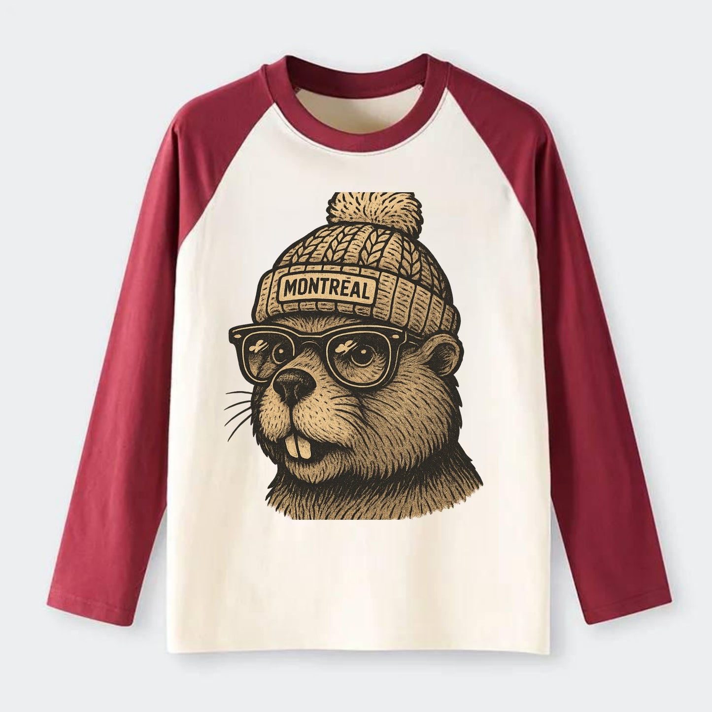 Montreal Beaver wearing Montreal beanie with pom pom and wayfarer - Raglan Long Sleeve T-Shirt - Red