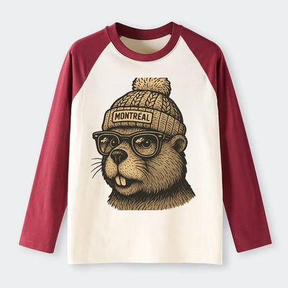 Montreal Beaver wearing Montreal beanie with pom pom and wayfarer - Raglan Long Sleeve T-Shirt - Red