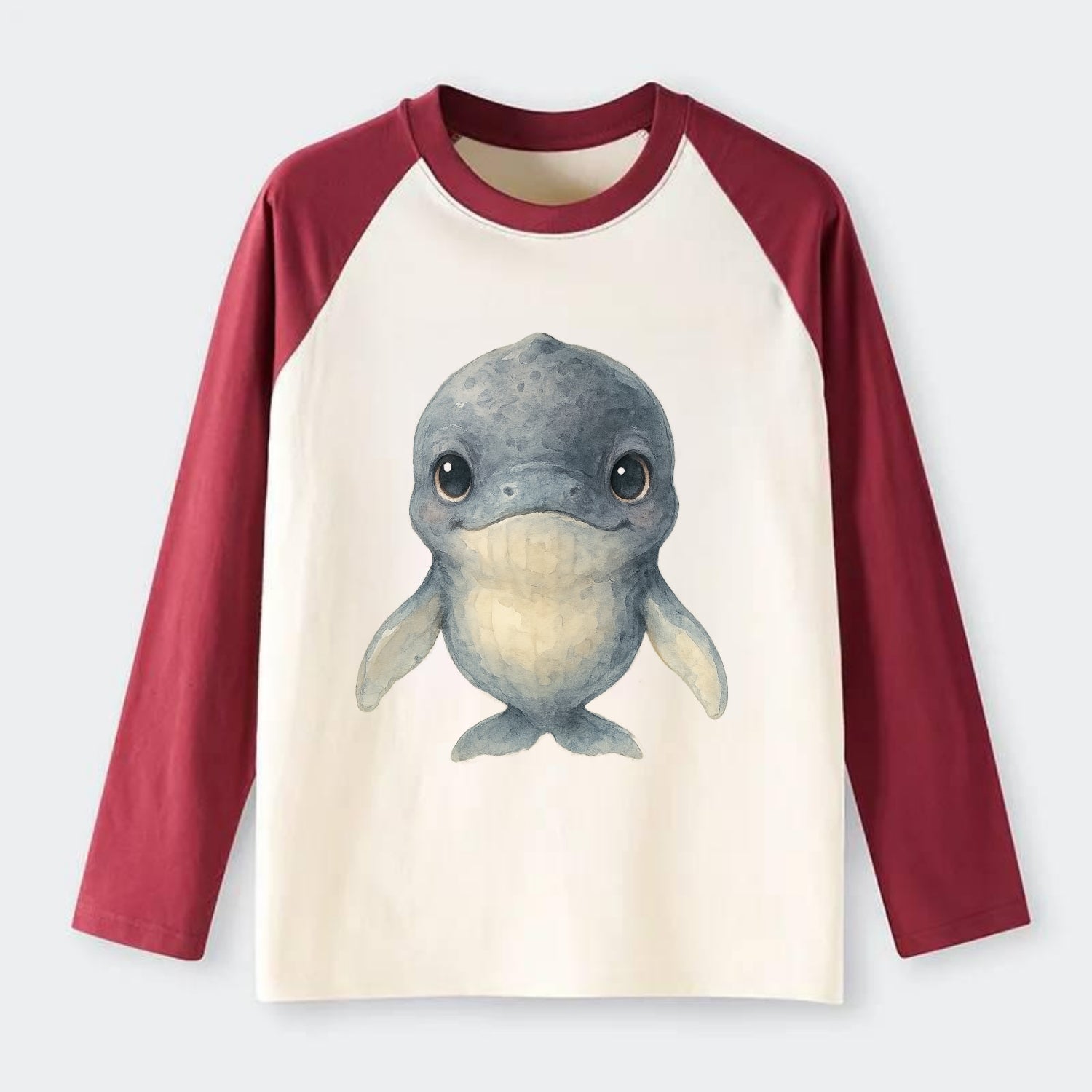 Baby Humpback Whale - dark gray with white flippers, large gentle - Raglan Long Sleeve T-Shirt - Red