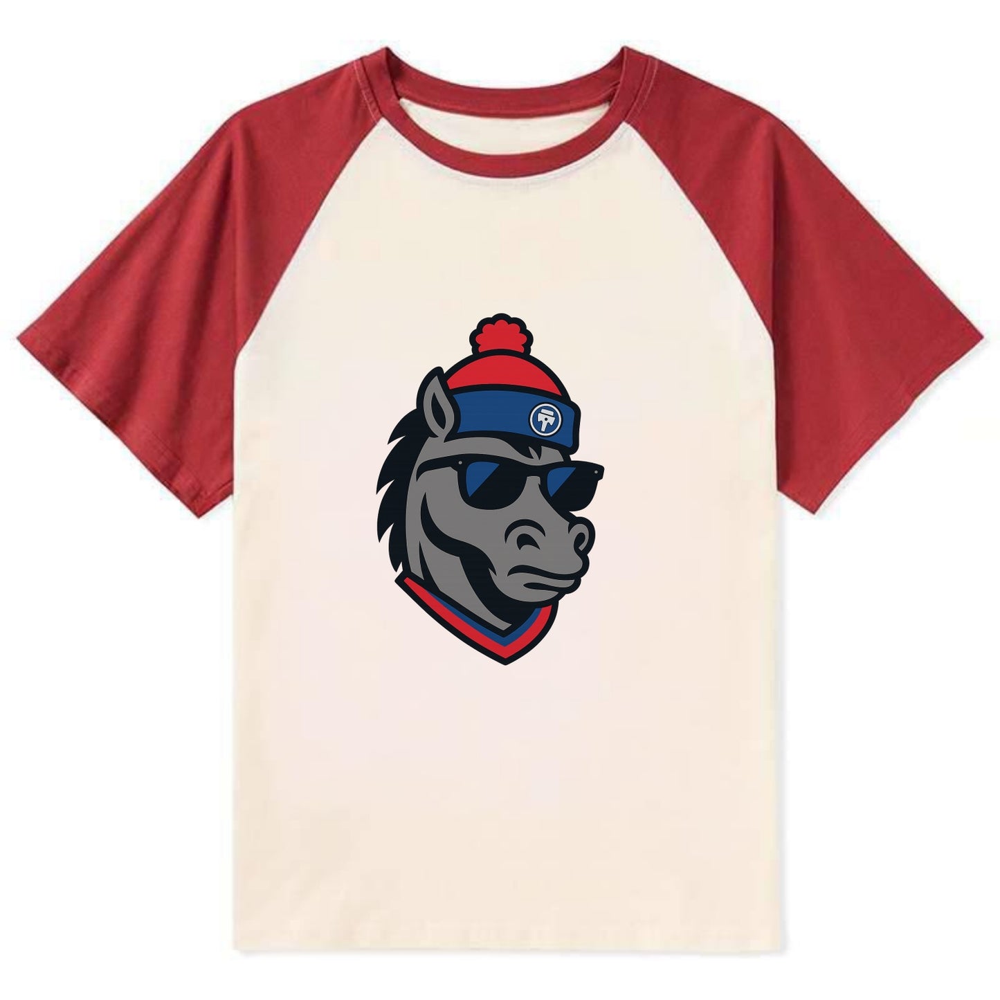Detroit Stallion wearing Pistons red and blue beanie with piston patch - Contrast Raglan T-shirt - Red