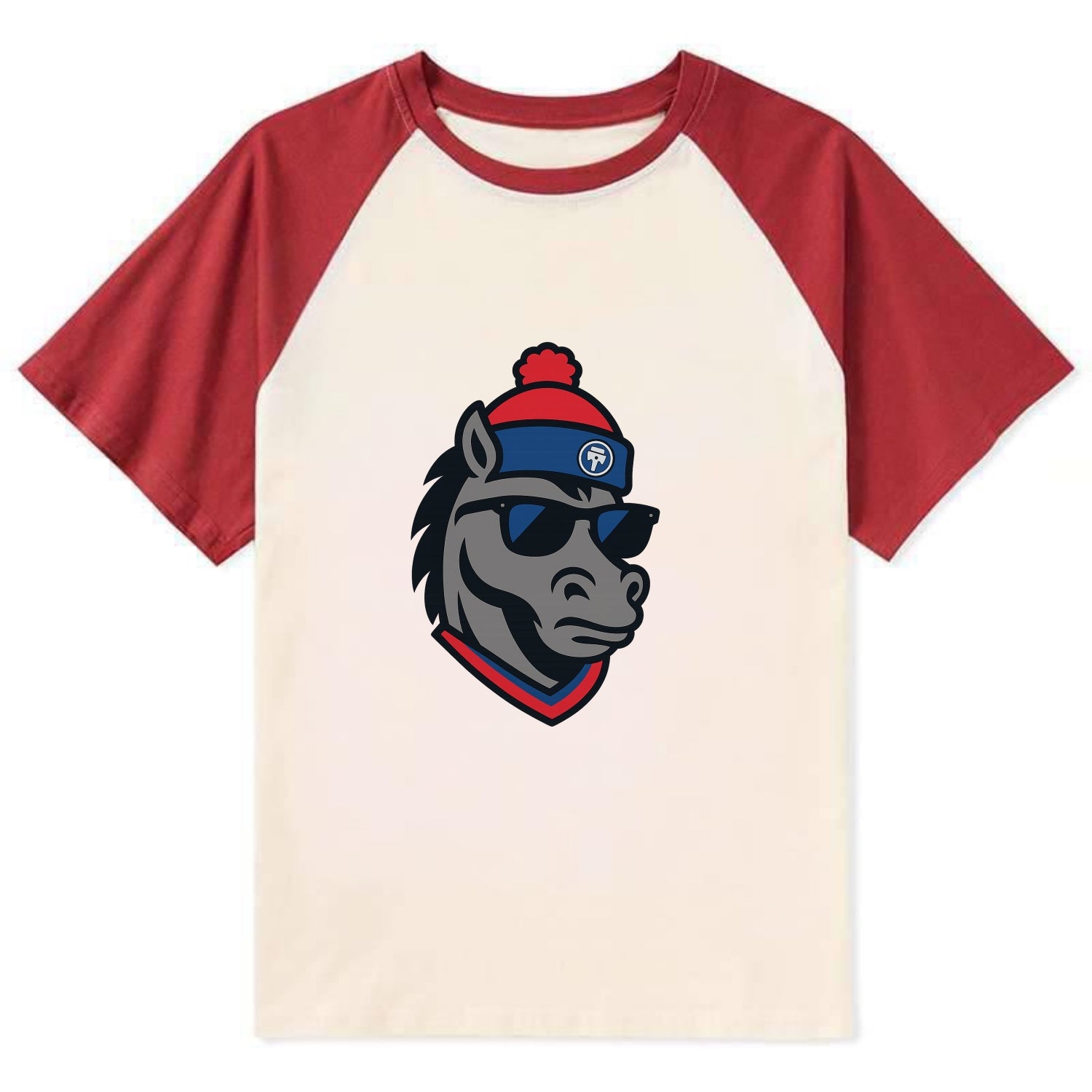 Detroit Stallion wearing Pistons red and blue beanie with piston patch - Contrast Raglan T-shirt - Red