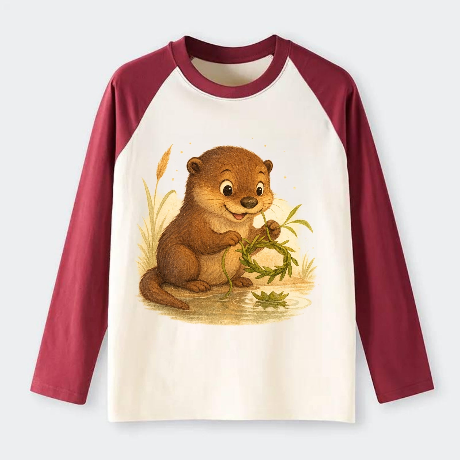 Otter weaving river reeds into a floating crown beside mirror-still - Raglan Long Sleeve T-Shirt - Red