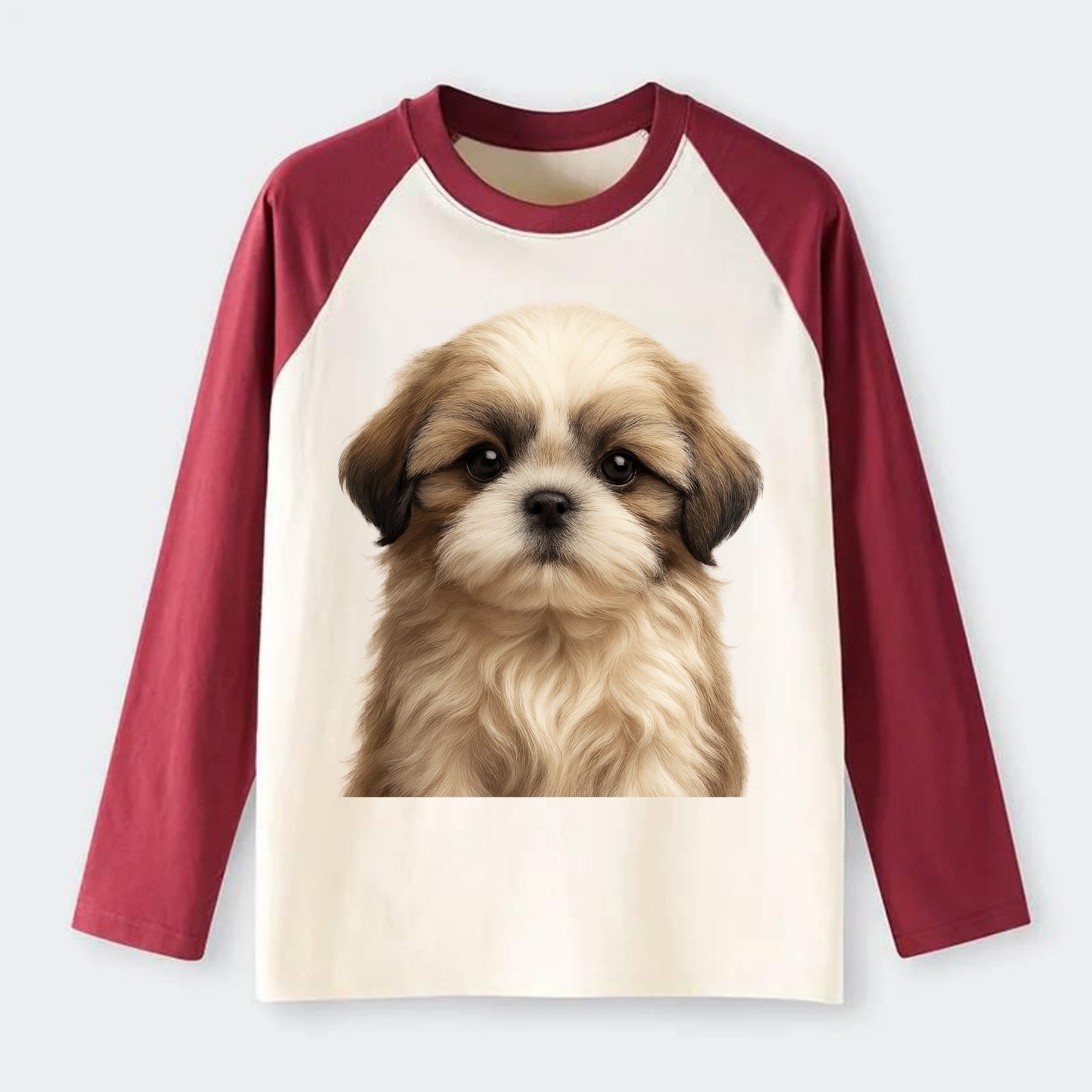 Baby Shih Tzu Puppy - long flowing coat, flat face, big dark eyes, - Raglan Long Sleeve T-Shirt - Red