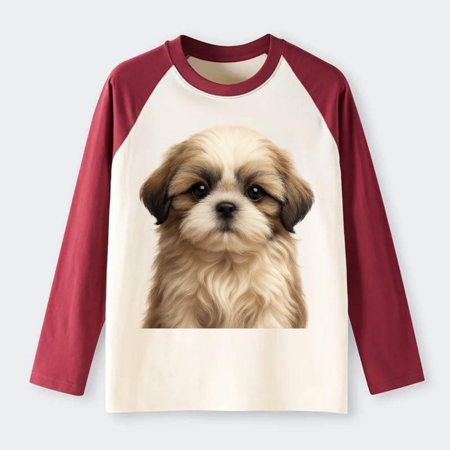 Baby Shih Tzu Puppy - long flowing coat, flat face, big dark eyes, - Raglan Long Sleeve T-Shirt - Red