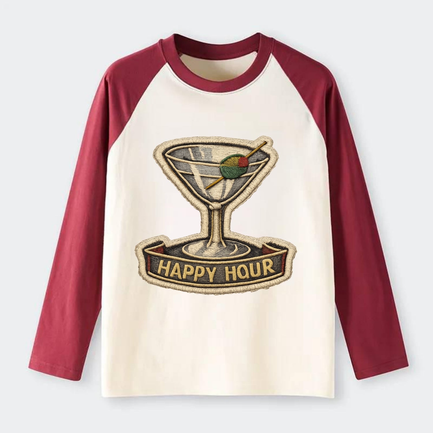 COCKTAIL MARTINI - martini glass with olive in silver and green , - Raglan Long Sleeve T-Shirt - Red