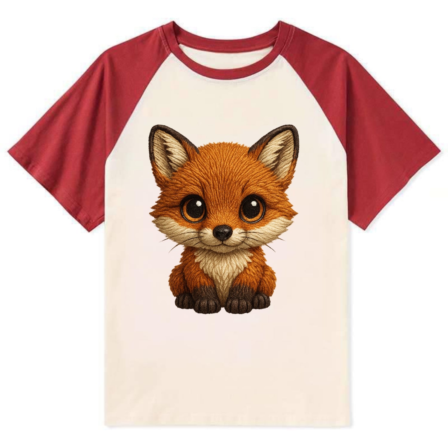 Baby Red Fox - russet fur, white chest, big amber eyes, perky ears, - Contrast Raglan T-shirt - Red