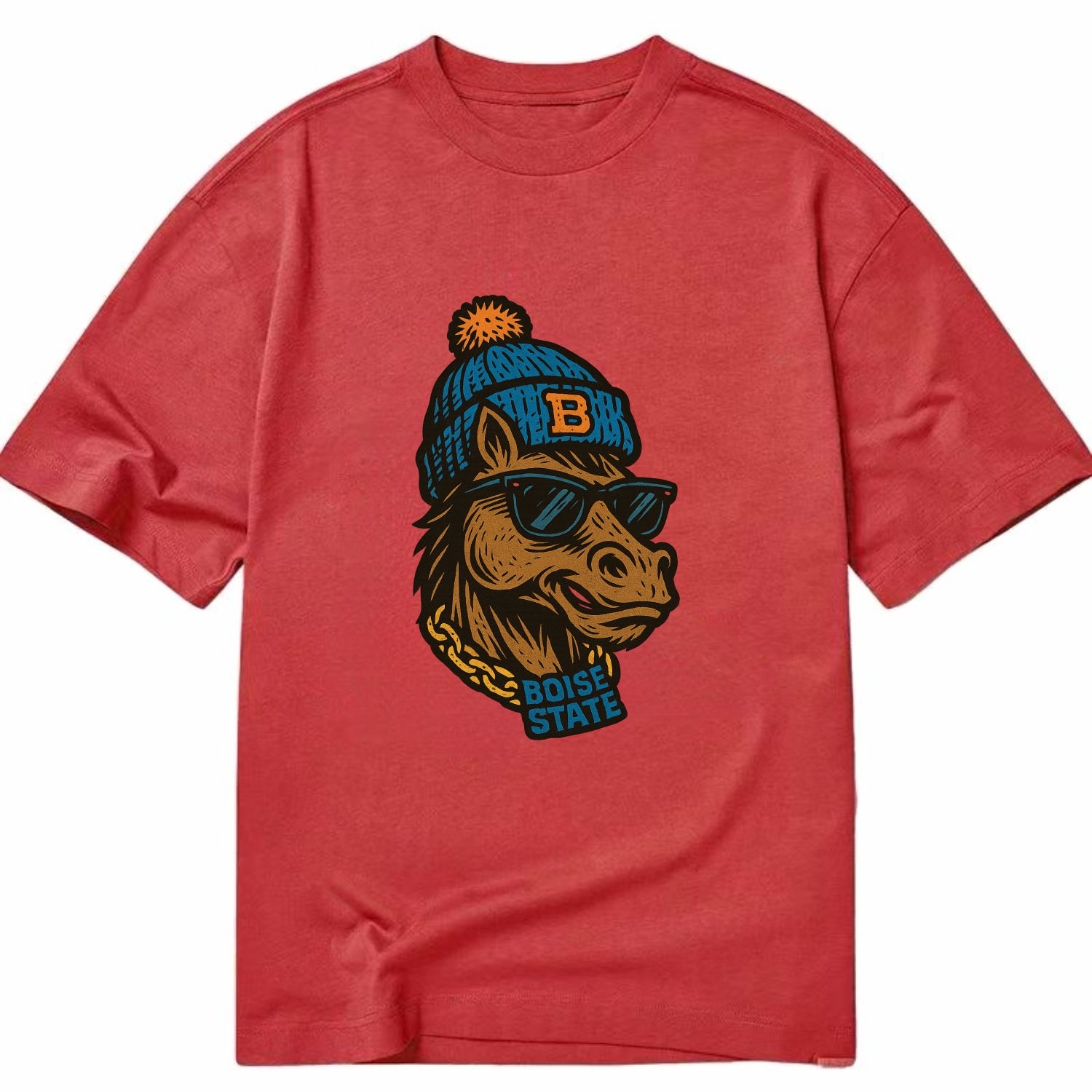 Boise Bronco wearing Boise State beanie with B patch - Classic T-shirt - Red