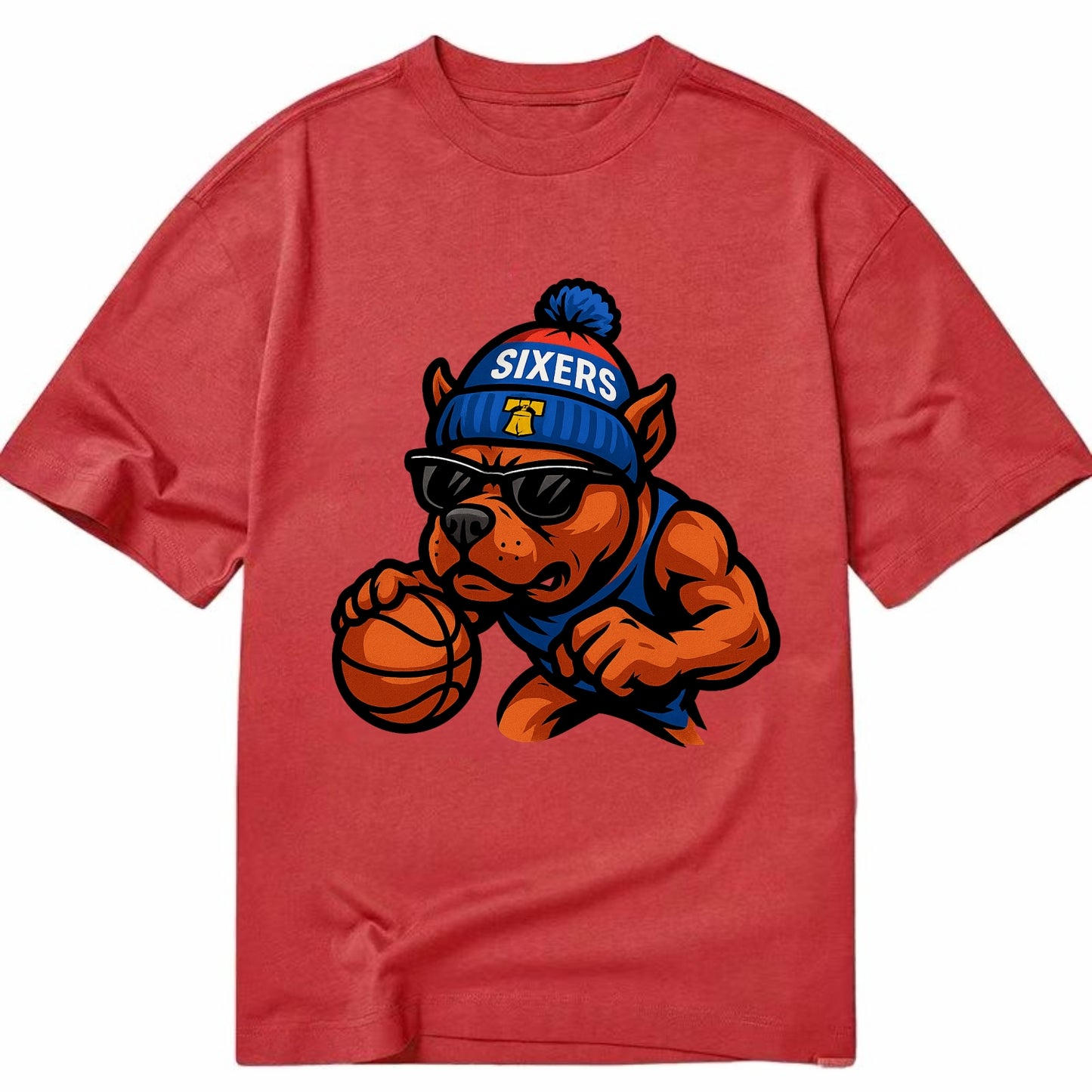 Philly Pitbull wearing Sixers beanie with Liberty Bell and wayfarer sunglasses - Classic T-shirt - Red