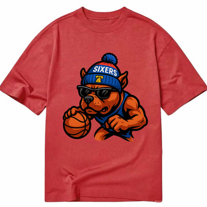 Philly Pitbull wearing Sixers beanie with Liberty Bell and wayfarer sunglasses - Classic T-shirt - Red