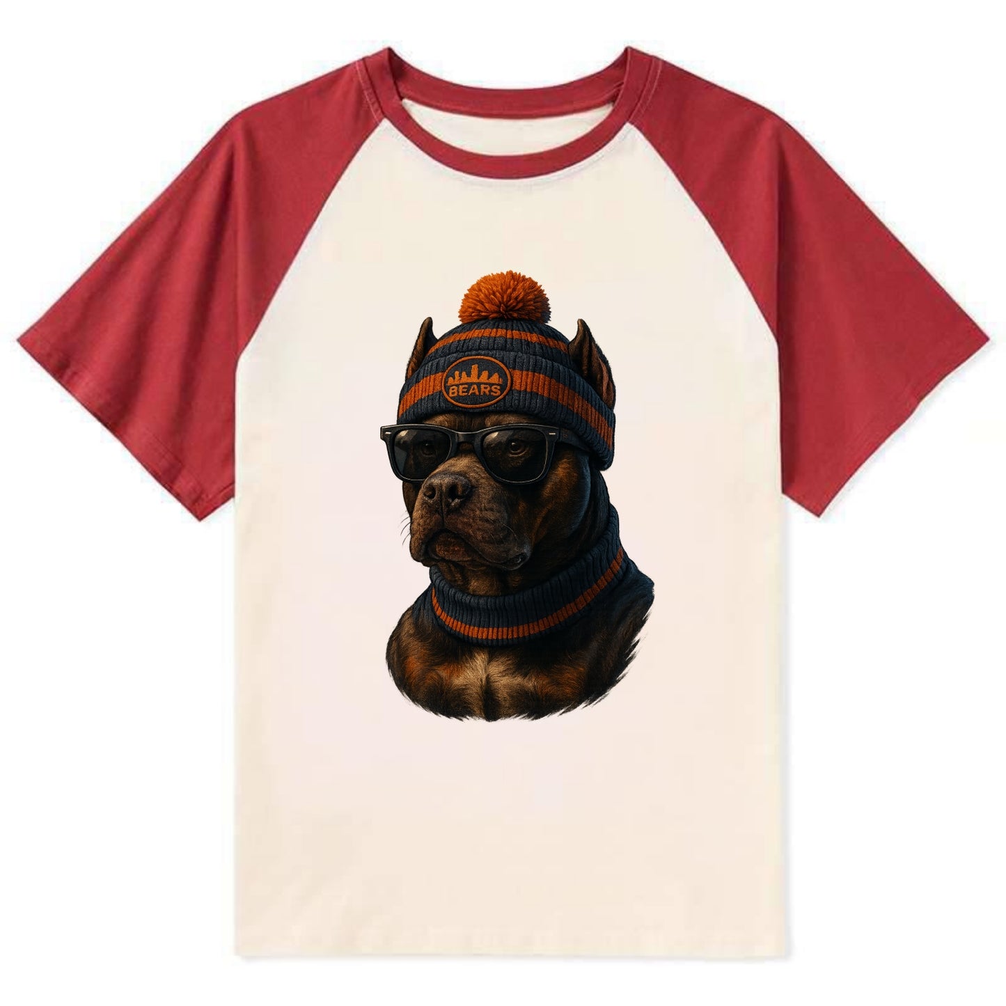 Chicago Pitbull wearing Bears beanie with skyline patch and wayfarer - Contrast Raglan T-shirt - Red