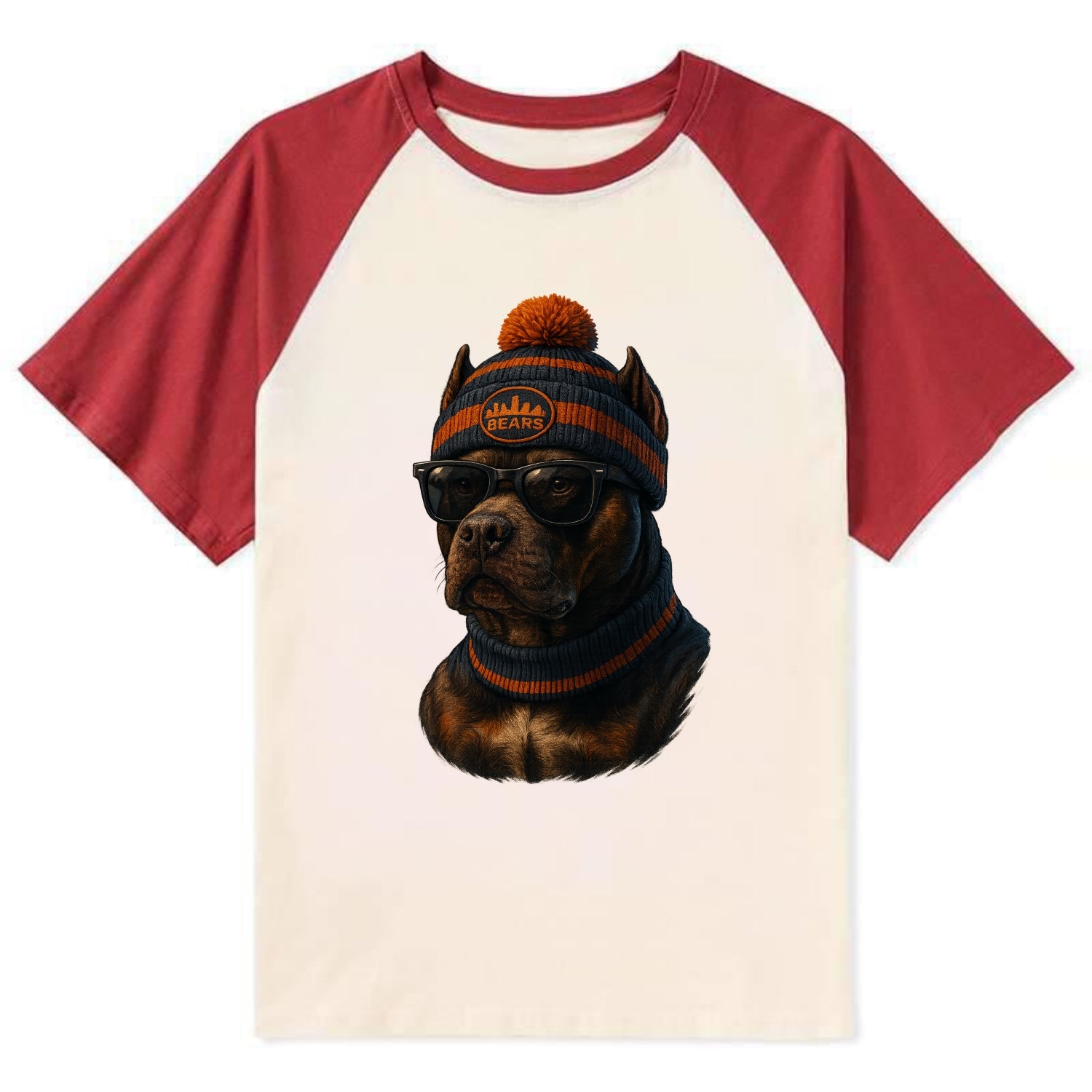 Chicago Pitbull wearing Bears beanie with skyline patch and wayfarer - Contrast Raglan T-shirt - Red