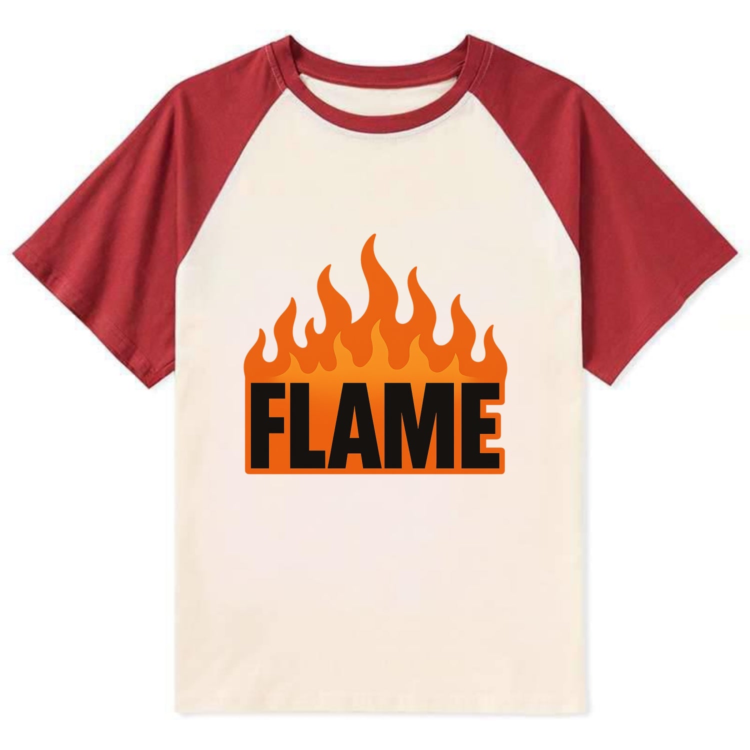 Bold typography design - "FLAME" - burning bright, passionate - Contrast Raglan T-shirt - Red