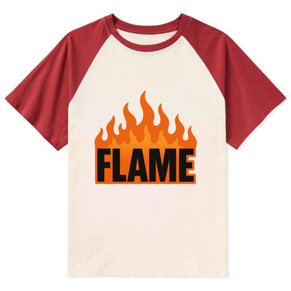 Bold typography design - "FLAME" - burning bright, passionate - Contrast Raglan T-shirt - Red