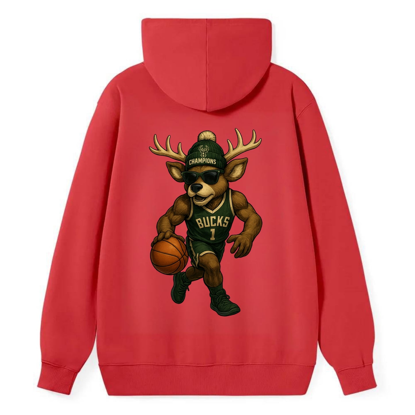 Milwaukee Buck Deer wearing Bucks green and cream beanie with antlers and - Classic Pullover Hoodie - Red