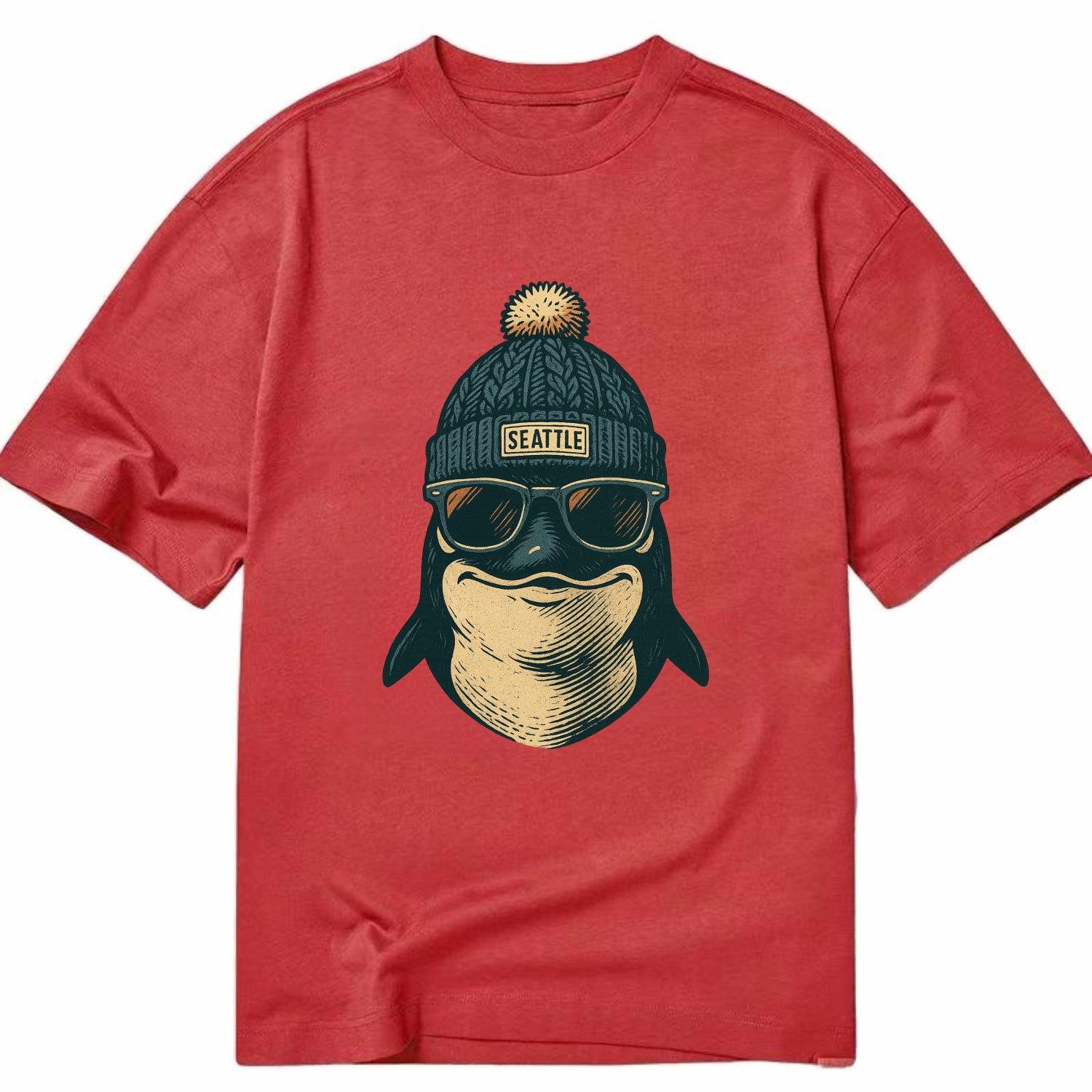Washington Orca wearing Seattle beanie with pom pom and wayfarer sunglasses - Classic T-shirt - Red