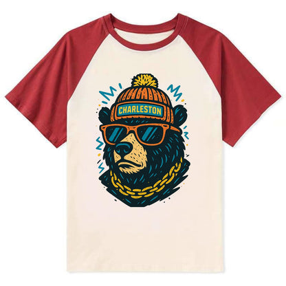 West Virginia Black Bear wearing Charleston beanie with pom pom and - Contrast Raglan T-shirt - Red