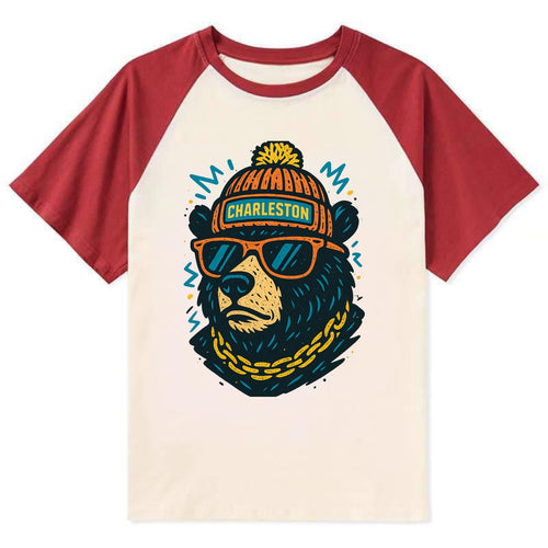 West Virginia Black Bear wearing Charleston beanie with pom pom and - Contrast Raglan T-shirt