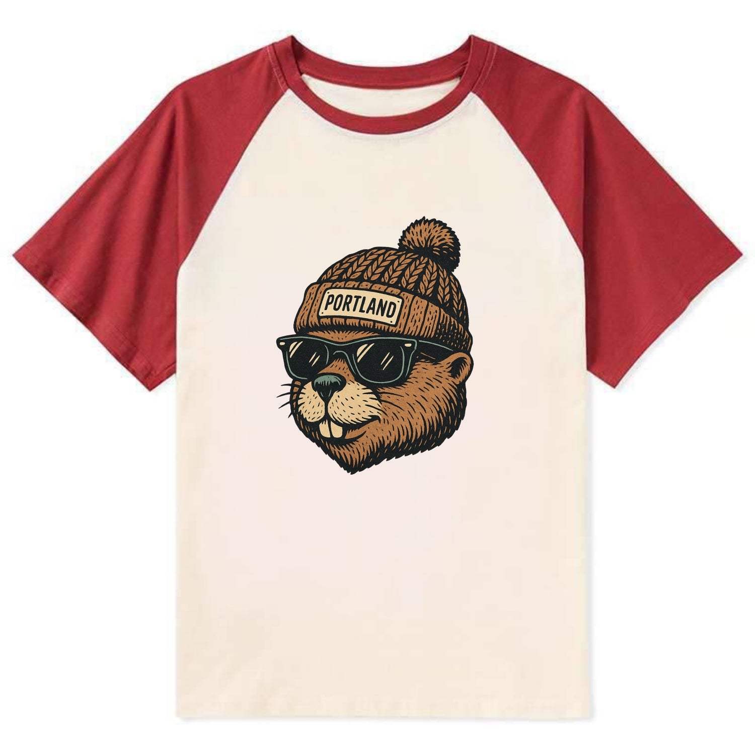 Portland Beaver wearing Portland beanie with pom pom and wayfarer - Contrast Raglan T-shirt - Red