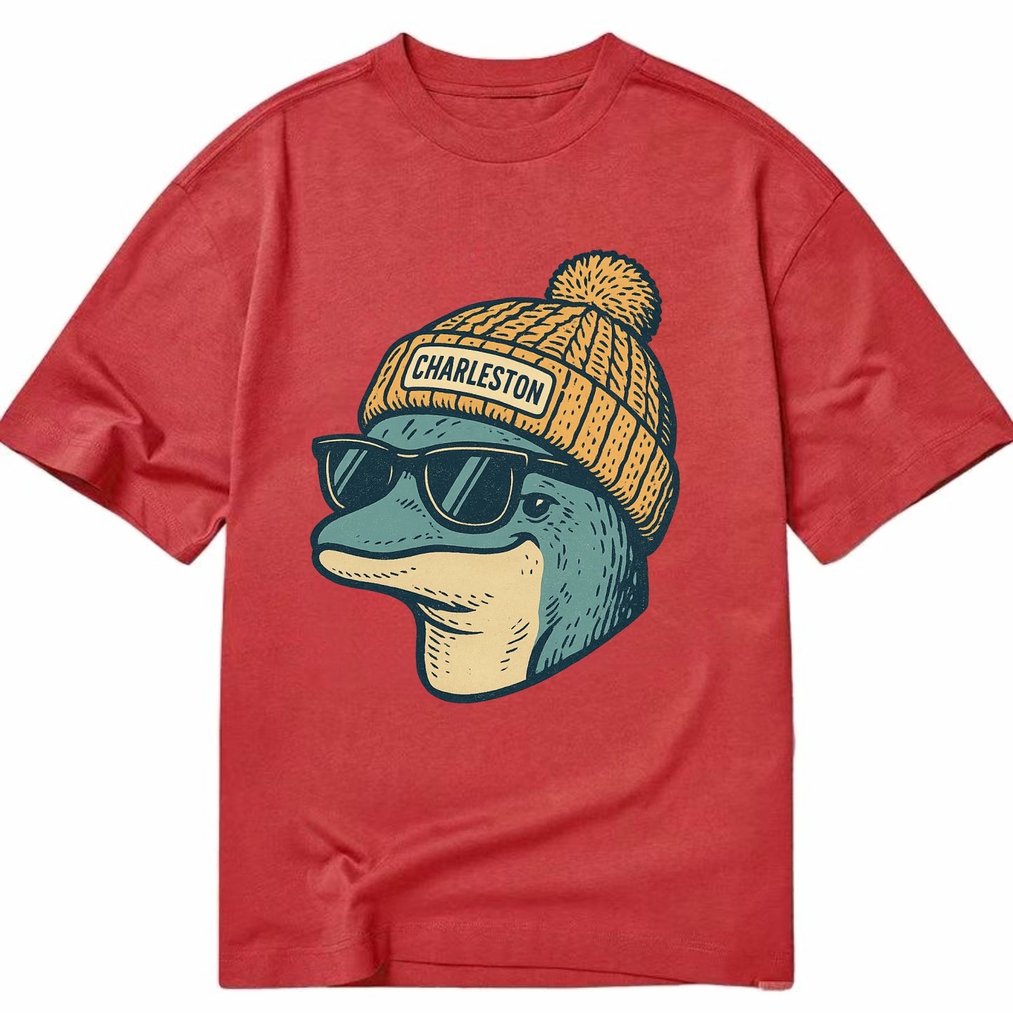 Charleston Dolphin wearing Charleston beanie with pom pom and wayfarer sunglasses - Classic T-shirt - Red