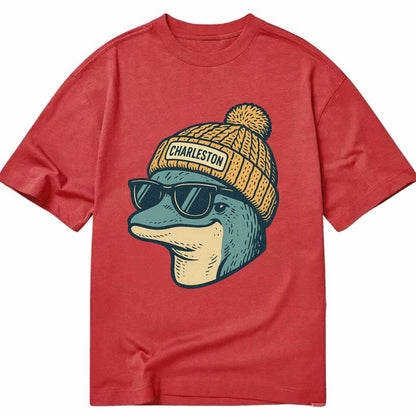 Charleston Dolphin wearing Charleston beanie with pom pom and wayfarer sunglasses - Classic T-shirt - Red