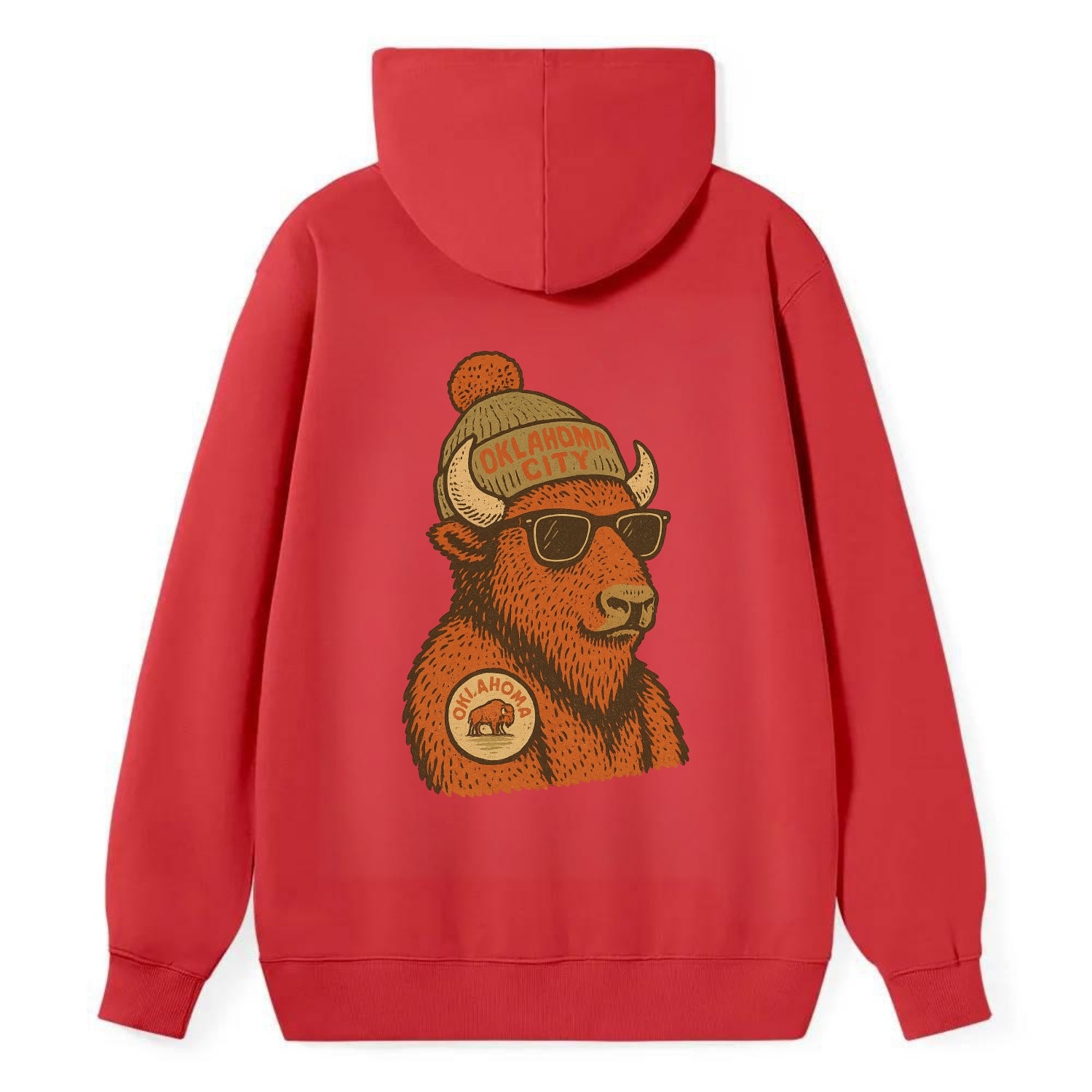Oklahoma Buffalo wearing Oklahoma City beanie with pom pom and wayfarer - Classic Pullover Hoodie - Red