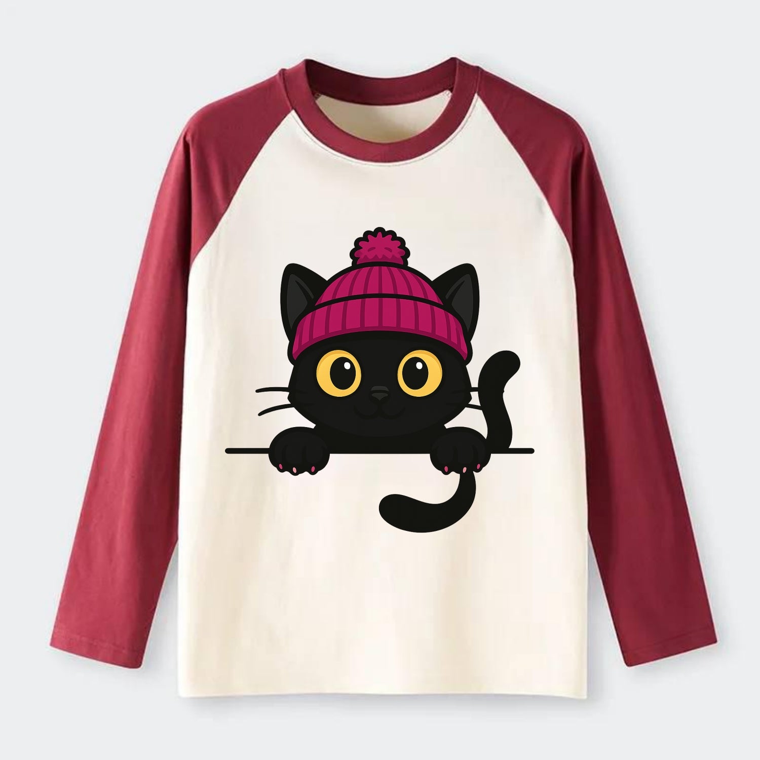 Midnight the black cat holding a tiny book labeled secrets against the - Raglan Long Sleeve T-Shirt - Red