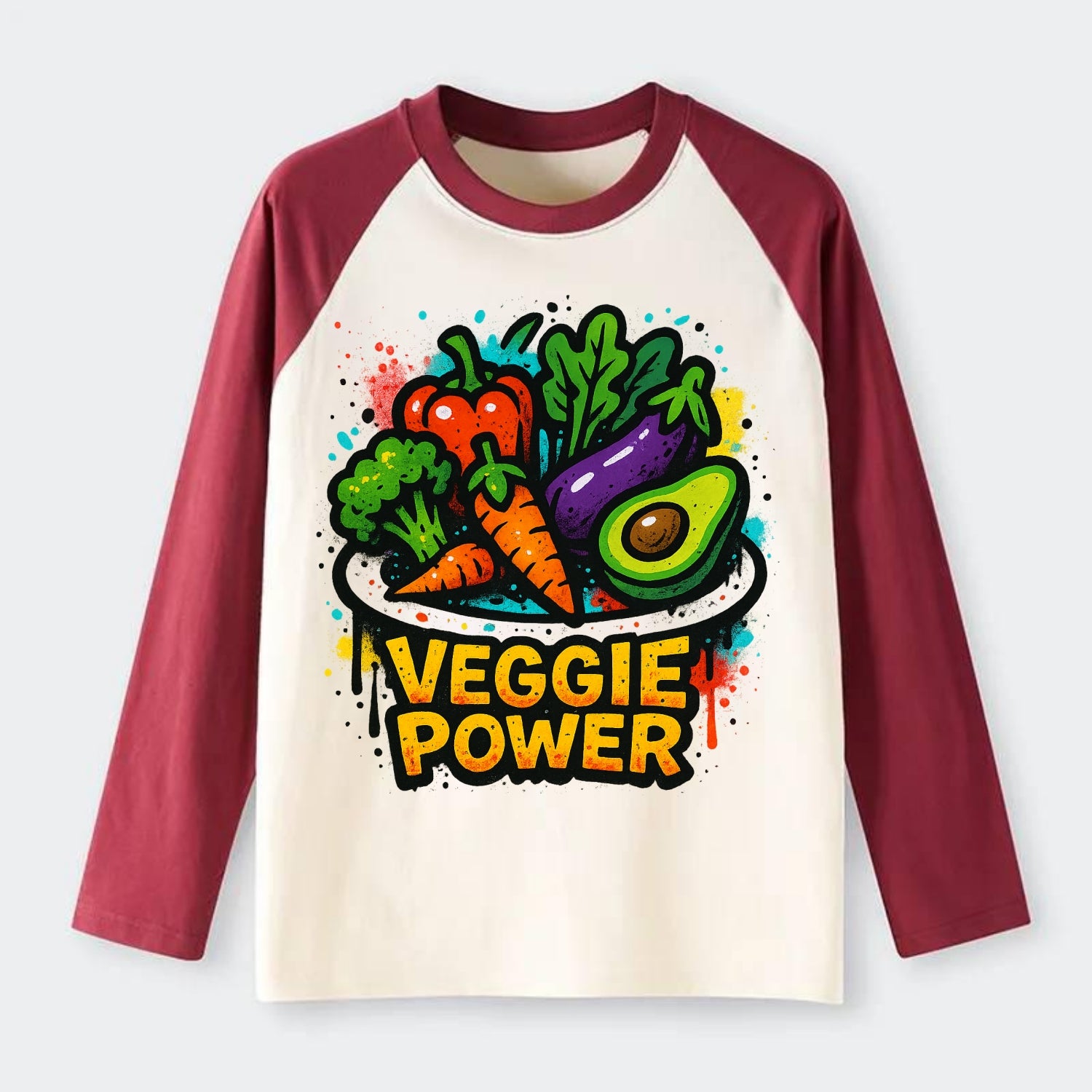 Colorful vegetables and plants on plate - plant-based lifestyle, - Raglan Long Sleeve T-Shirt - Red