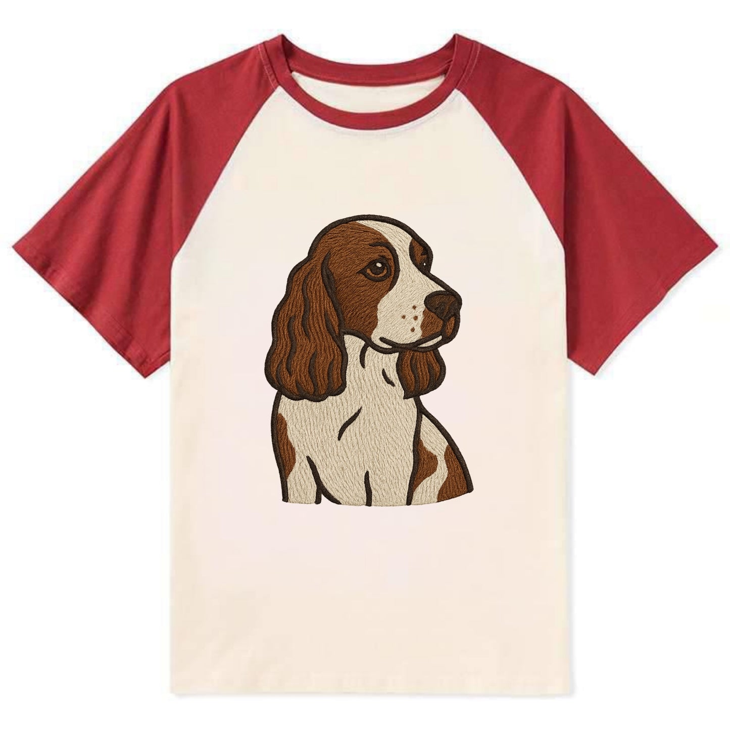 English Cocker Spaniel - Liver and white embroidered design - Contrast Raglan T-shirt - Red