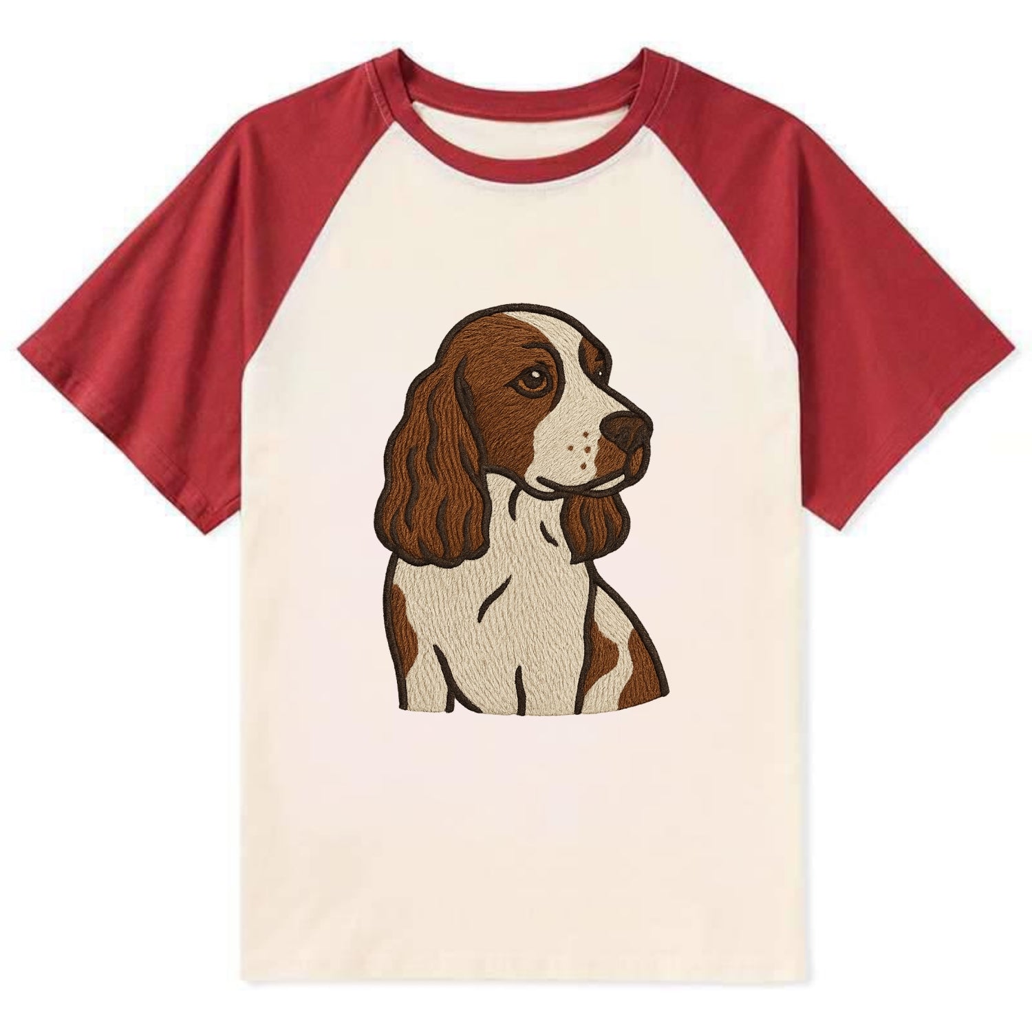 English Cocker Spaniel - Liver and white embroidered design - Contrast Raglan T-shirt - Red