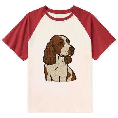 English Cocker Spaniel - Liver and white embroidered design - Contrast Raglan T-shirt - Red