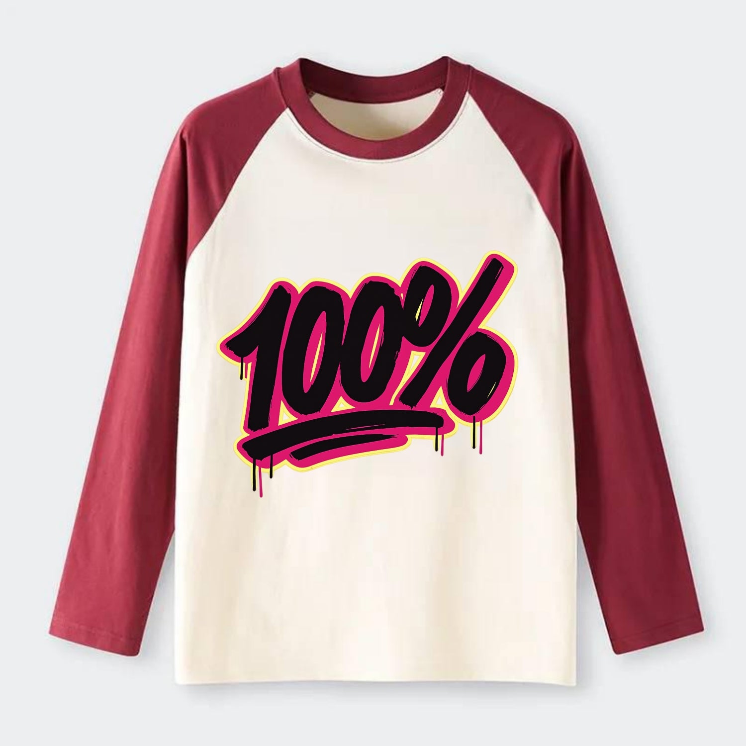 Bold typography design - "100%" - all in, fully committed - Raglan Long Sleeve T-Shirt - Red