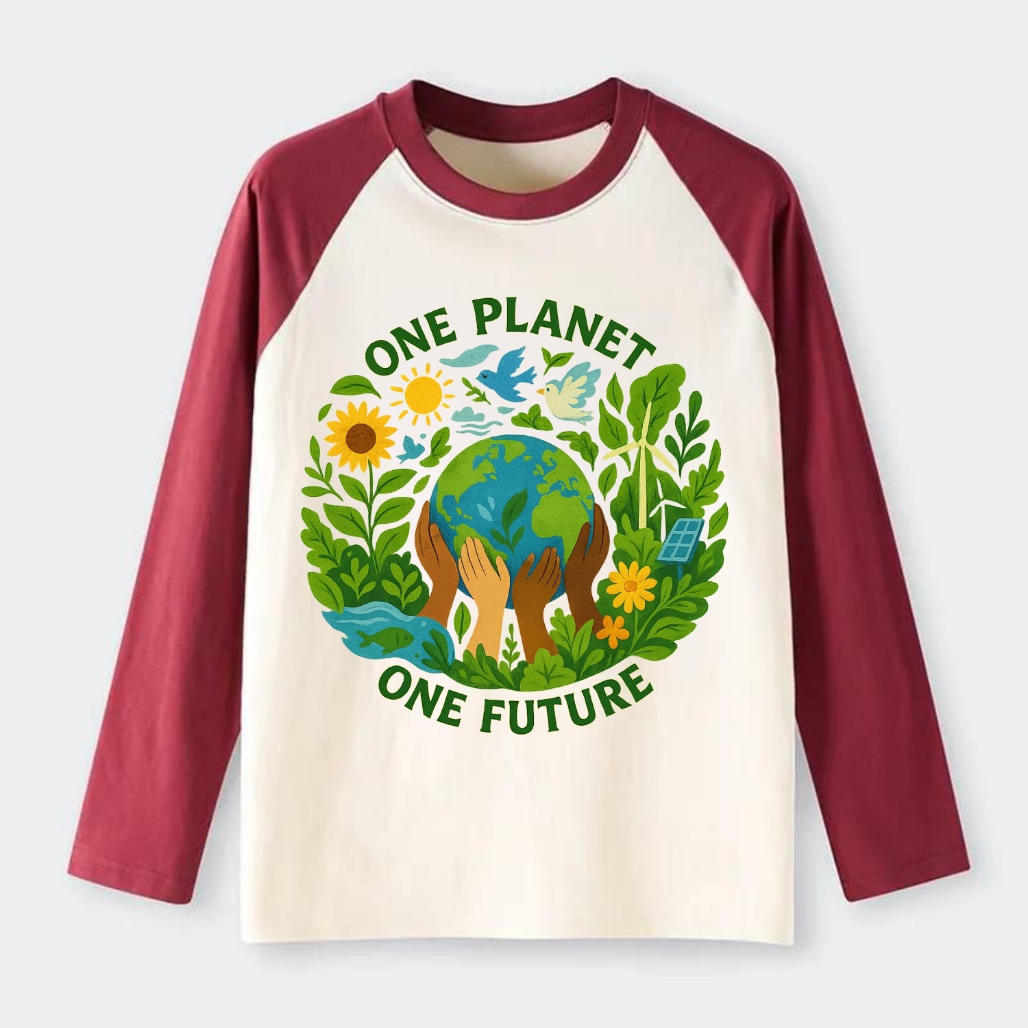 Globe surrounded by hands of all colors working together - "One - Raglan Long Sleeve T-Shirt - Red