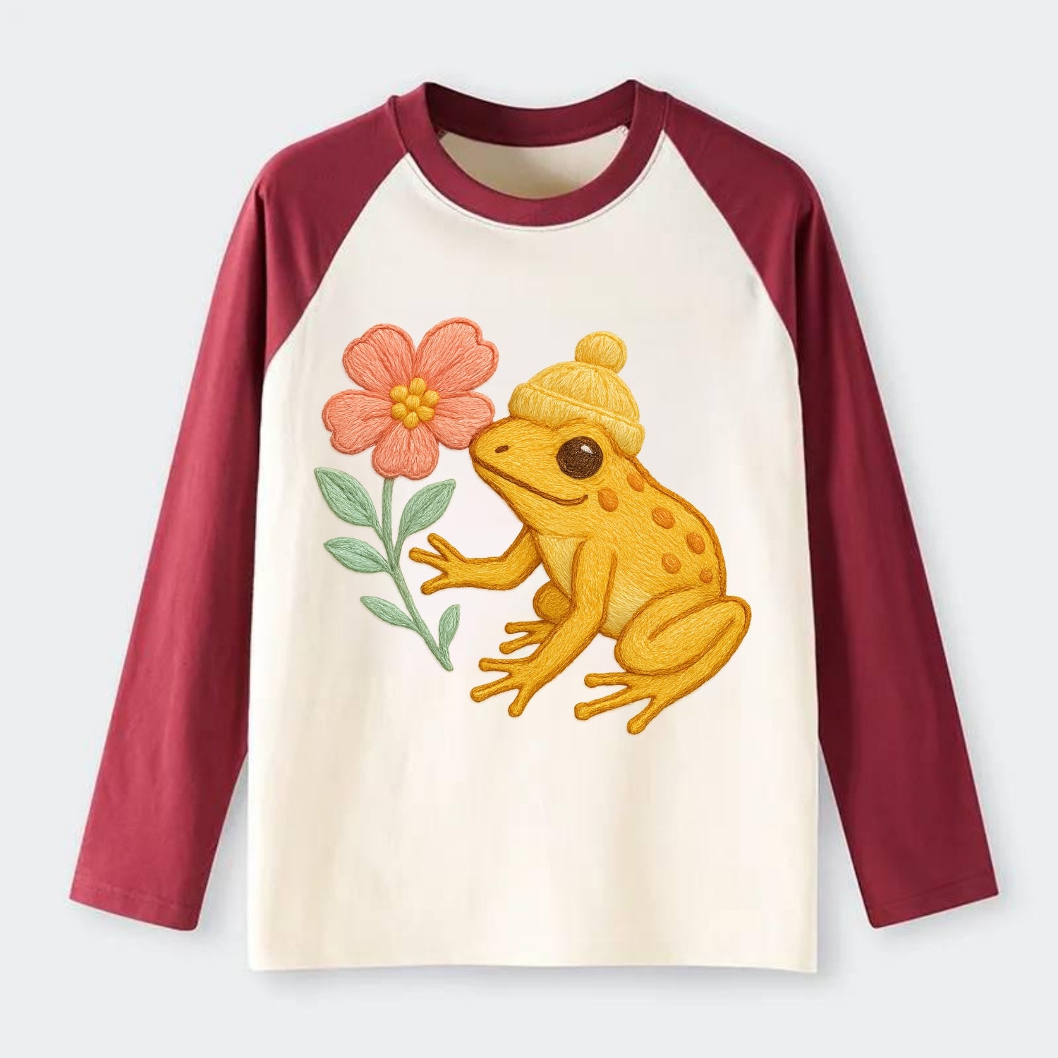 Yellow Dart Frog - Raglan Long Sleeve T-Shirt - Red