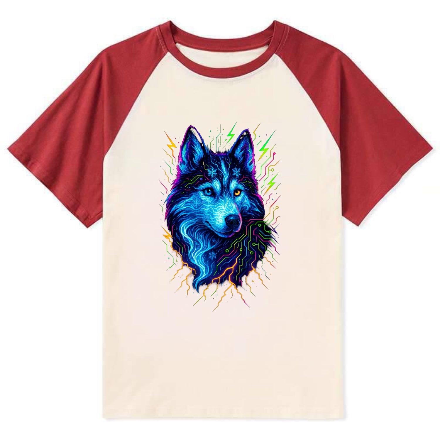 Siberian husky with ice-crystal flowing patterns, electric blue and white - Contrast Raglan T-shirt - Red