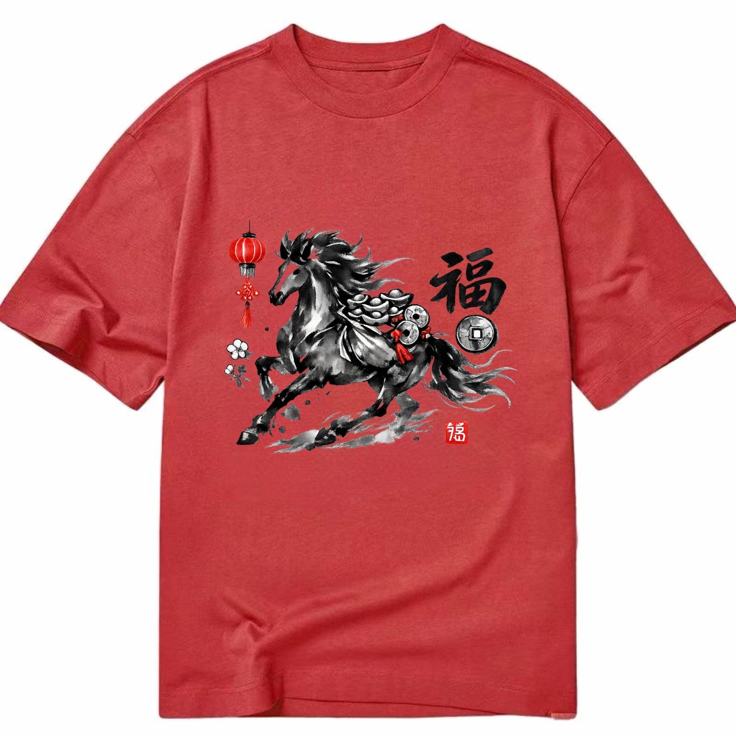 PROSPERITY HORSE | Horse carrying gold ingots and coins | Chinese knot - Classic T-shirt - Red