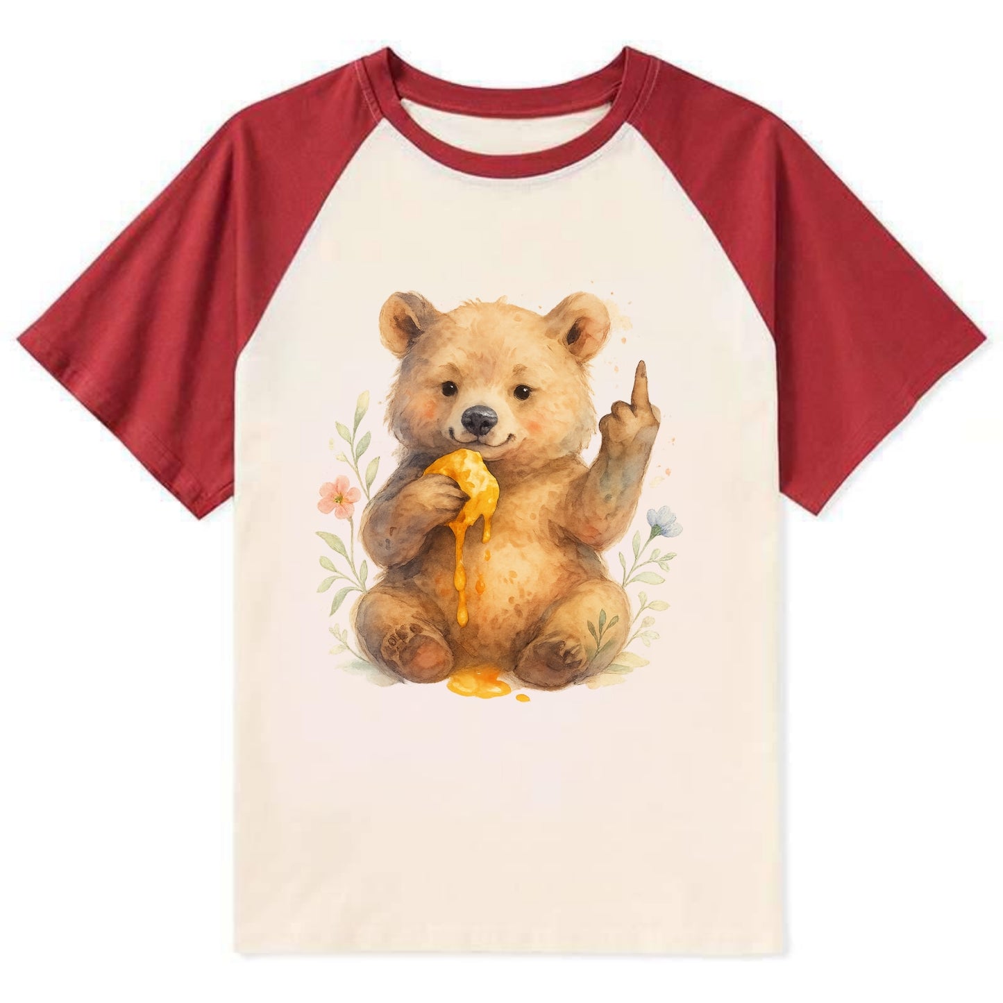 chubby bear cub eating dripping honey, sticky paw up with middle finger - Contrast Raglan T-shirt - Red