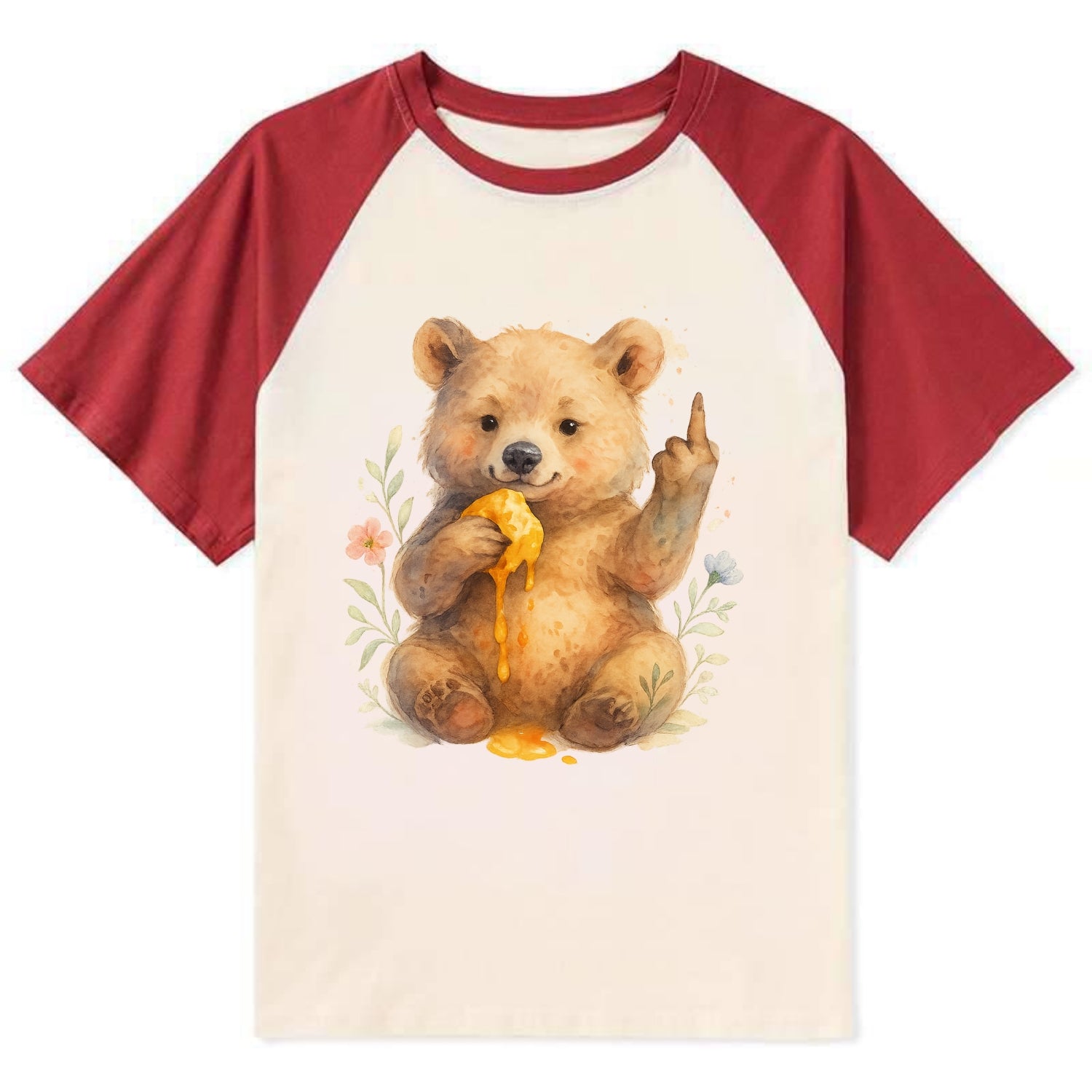 chubby bear cub eating dripping honey, sticky paw up with middle finger - Contrast Raglan T-shirt - Red