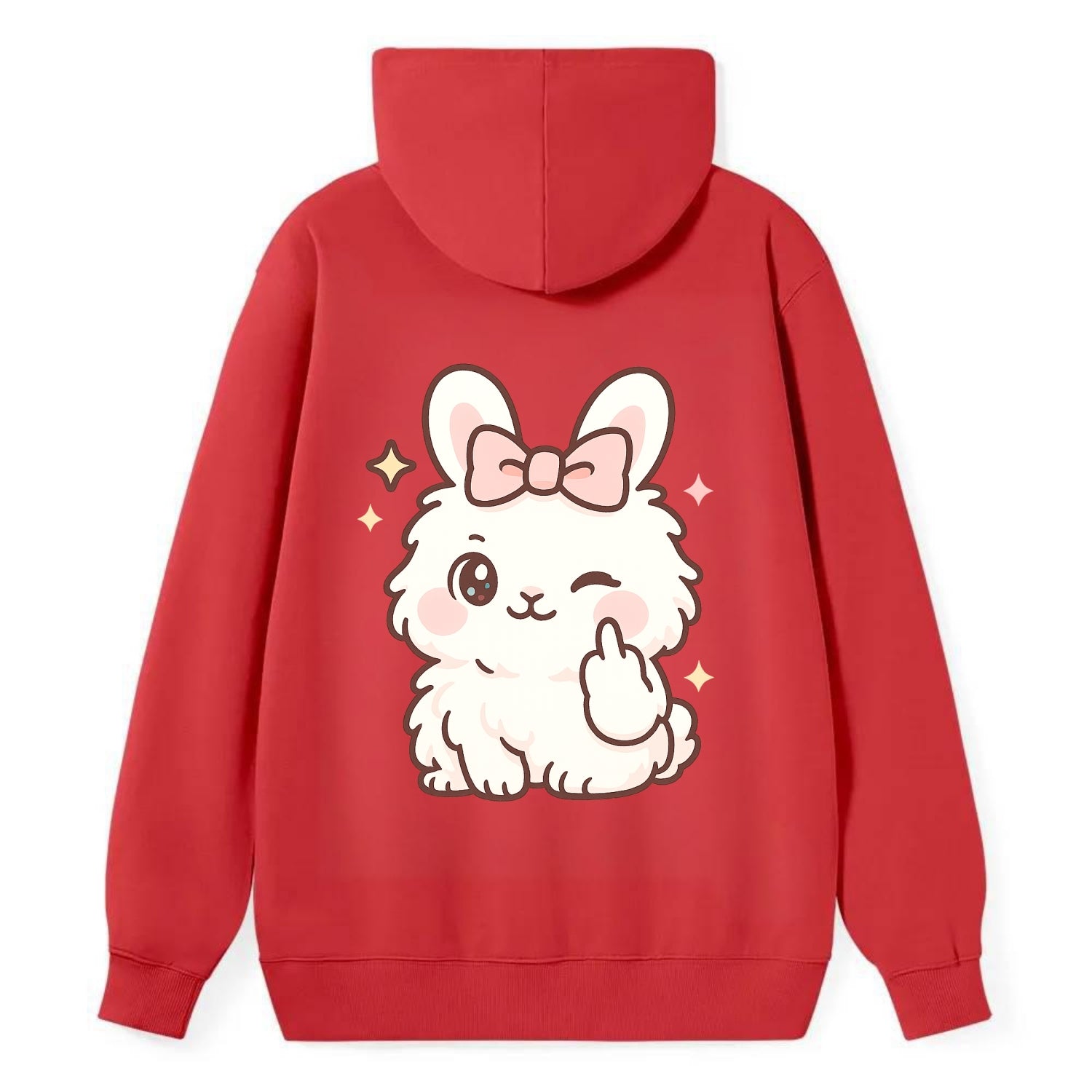 fluffy white angora rabbit with pink bow, one paw delicately flipping off - Classic Pullover Hoodie - Red