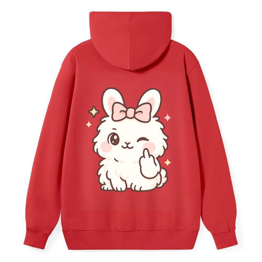 fluffy white angora rabbit with pink bow, one paw delicately flipping off - Classic Pullover Hoodie - Red