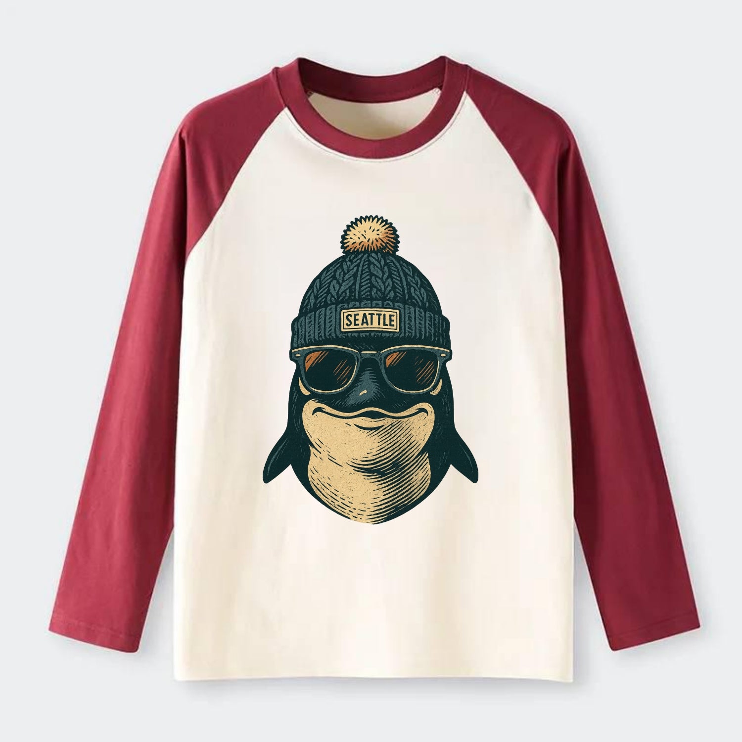 Washington Orca wearing Seattle beanie with pom pom and wayfarer - Raglan Long Sleeve T-Shirt - Red
