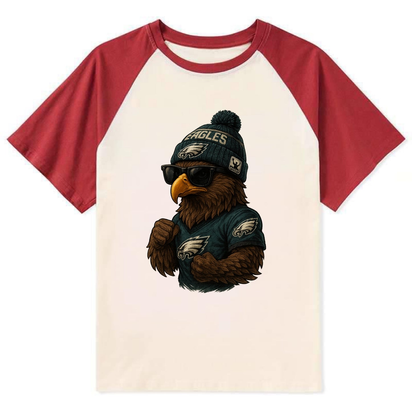 Philly Hawk wearing Eagles beanie with Rocky patch and wayfarer sunglasses - Contrast Raglan T-shirt - Red