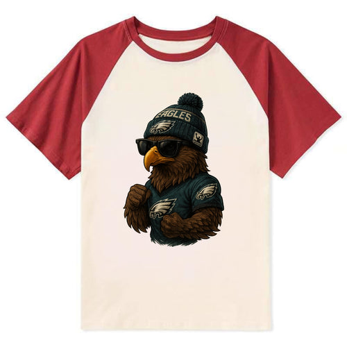 Philly Hawk wearing Eagles beanie with Rocky patch and wayfarer sunglasses - Contrast Raglan T-shirt