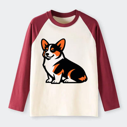 Tricolor Corgi Charm - Raglan Long Sleeve T-Shirt - Red