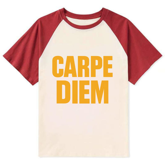Bold typography design - "CARPE DIEM" - seize the day - Contrast Raglan T-shirt - Red