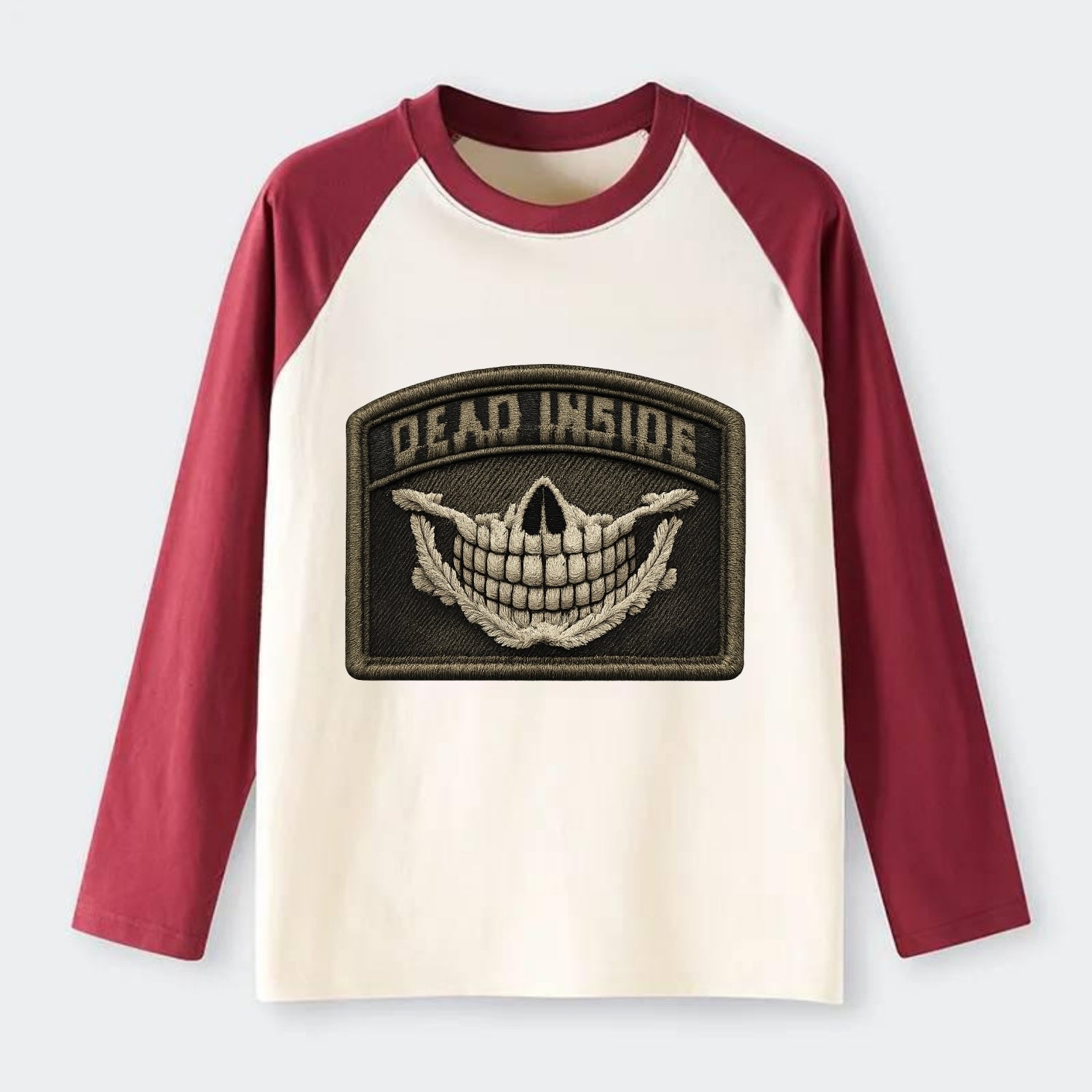 DEAD INSIDE SMILE - skeleton smile in white , dark humor - Raglan Long Sleeve T-Shirt - Red