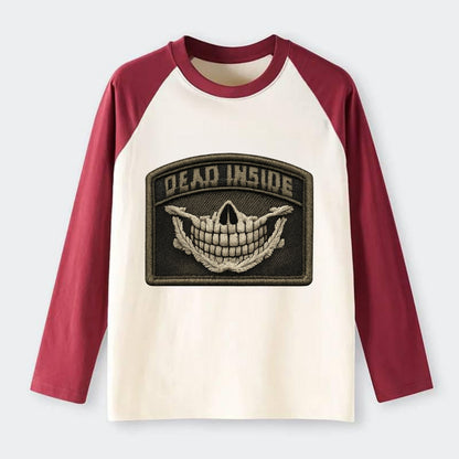 DEAD INSIDE SMILE - skeleton smile in white , dark humor - Raglan Long Sleeve T-Shirt - Red