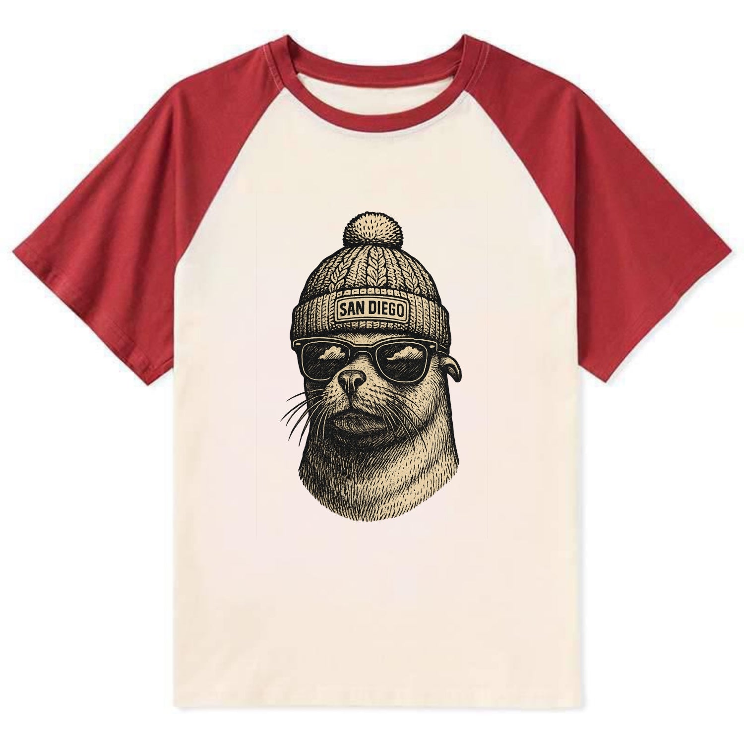 San Diego Sea Lion wearing San Diego beanie with pom pom and wayfarer - Contrast Raglan T-shirt - Red